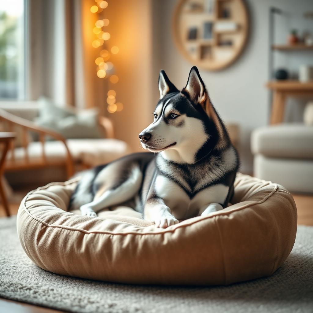 Siberian Husky resting on a Gauchitto dog bed