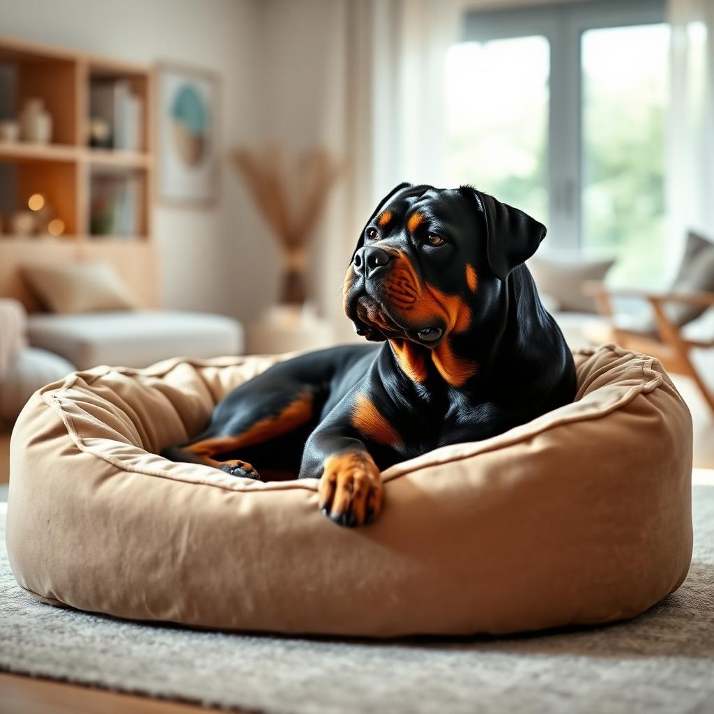 Rottweiler resting on a Gauchitto dog bed