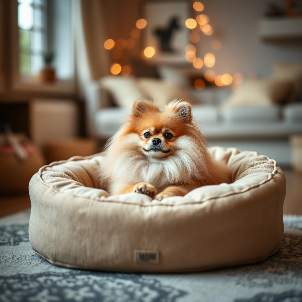 Pomeranian resting on a Gauchitto dog bed
