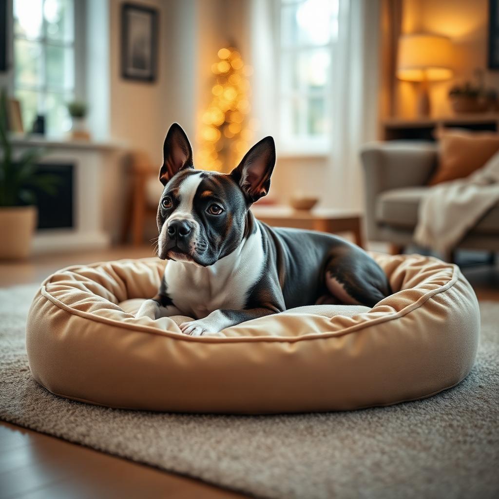 Staffordshire Bull Terrier resting on a Gauchitto dog bed