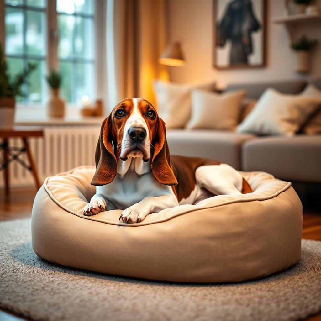 Basset Hound resting on a Gauchitto dog bed