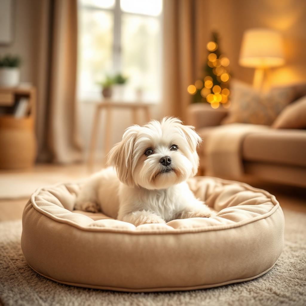 Maltese resting on a Gauchitto dog bed